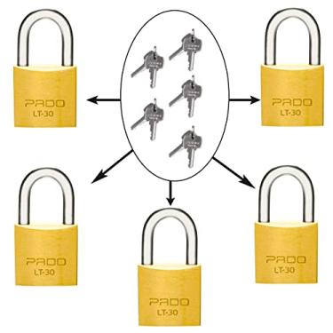 Imagem de 5 Cadeados Pado Lt 30mm Mesmo Segredo 10 Chaves Iguais Latão