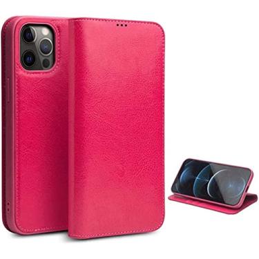 Imagem de HAODEE EEKUY Carteira de capa de telefone com 3 slots de cartão, capa de couro genuíno flip à prova de choque para Apple iPhone 12 Pro (2020) 6,1 polegadas (cor: vermelho rosa)