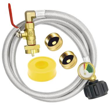 Imagem de GardenNow Adaptador de refil de propano de mangueira de mangueira trançada de aço inoxidável de 48" QCC1 com válvula de controle ON/Off para tanque de gás propano de 350PSI de alta pressão