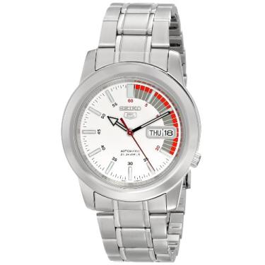 Imagem de Seiko Relógio masculino SNKK25 "Seiko 5", mostrador branco, aço inoxidável, automático, Branco, Mecânico, relógio automático