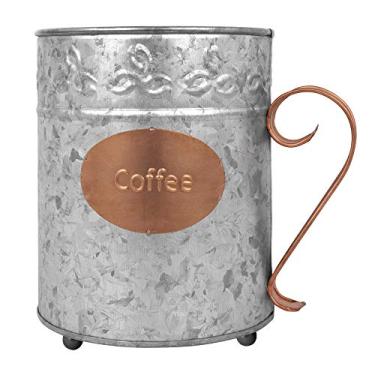 Imagem de Suporte rústico para cafeteira galvanizada de outono de beco | Organizador de suporte de cápsula | Caneca de café grande é perfeita para armazenamento de acessórios de barra de café | Detalhes de cobre adicionam charme de fazenda ao seu balcão