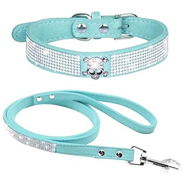 Imagem de Pimaodog Lindo deslumbrante e brilhante elegante elegante camurça macia couro brilhante strass cristal joias gato cachorro coleira cachorro cachorro cachorro coleira combo conjunto (M(pescoço 32-38 cm), azul-claro)