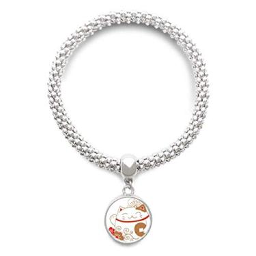 Imagem de DIYthinker Japan Lucky Fortune Pulseira de prata de cobre com pingente redondo de flor de gato