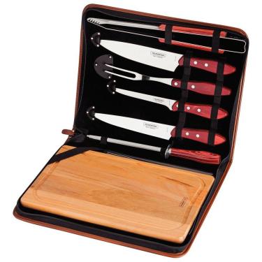 Imagem de Kit para Churrasco Tramontina em Aço Inox Cabo Vermelho Polywood com Tábua e Estojo 8 Peças Tramontina