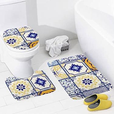 Imagem de Conjunto de 3 peças de tapetes de banheiro coloridos indianos desenhados à mão tapete de banheiro lavável tapete antiderrapante tapete de contorno e tampa para banheiro