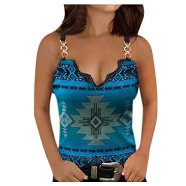 Imagem de Top feminino estampado de renda com decote em V profundo metal Cami Camiseta gráfica Tiras Sensual Tops de verão Estética Top em poliéster Étnico Tribal Geométrico Asteca Ocidental O37-Azul Medium