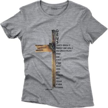 Imagem de Camiseta Algodão Feminina Cruz Cristã Evangélica Joã0 3-16 Tamanho:GG;Cor:Cinza