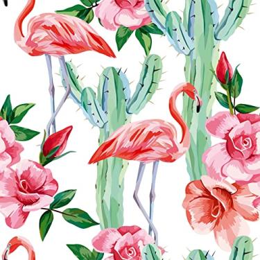 Imagem de ReWallpaper Papel de parede flamingo rosa verde cacto tropical papel de parede removível 44,5 cm x 3 m vinil floral papel de contato para prateleiras paredes armário flor rolo de papel de parede para quarto de meninas