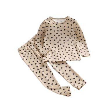 Imagem de Floerns Conjunto de camiseta e calça de manga comprida com estampa total de 2 peças para meninas, Bege e preto., 1 Anos