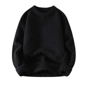 Imagem de MQMYJSP Pulôver masculino outono inverno cor sólida gola redonda tricô roupas masculinas quentes suéteres de manga longa, Preto, G