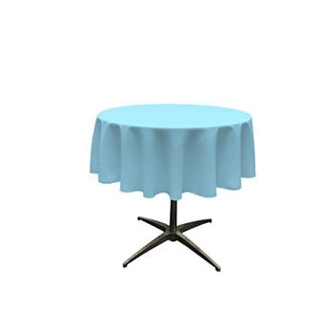 Imagem de LA Linen Toalha de mesa redonda lavável de popelina de poliéster, resistente a manchas e vincos, 129,5 cm, toalha de mesa de tecido para jantar, cozinha, festa, férias, 129 polegadas, luz turquesa