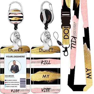 Imagem de Cordão de crachá e suporte de crachá de identificação, carretel retrátil com mosquetão de cinto, cordão de alça com fecho lagosta para porta-crachás, presentes de escritório de professor de enfermagem (BLC-Don't Kill My Vibe-a)