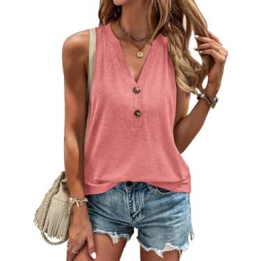 Imagem de Camisetas femininas de verão, sem mangas, gola V, abotoadas, roupas casuais, modernas, blusas modernas, Rosa coral, P