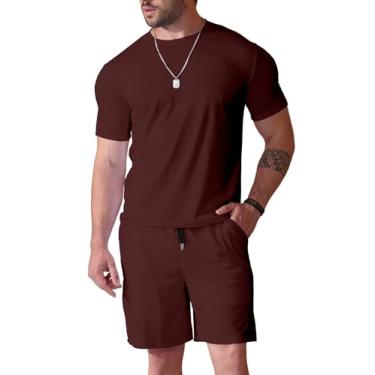 Imagem de Uni Clau Conjunto masculino de 2 peças, moda verão, agasalhos, casual, camisa e shorts, Vermelho, M