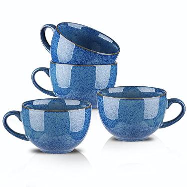 Imagem de KOOV Caneca de sopa de cerâmica, tigelas de sopa com alças seguras para micro-ondas, caneca jumbo de 680 g e canecas de cereal, conjunto de 4, esmalte reativo (azul reativo)