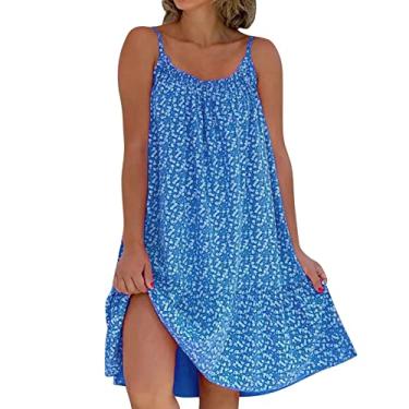 Imagem de Vestidos de primavera para mulheres 2024 alças finas vestido regata feminino verão férias curto mini vestido de verão estampa floral vestido de praia, Azul, GG