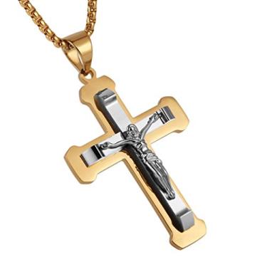 Imagem de HZMAN Colar masculino com pingente de aço inoxidável Jesus prata ouro preto cruz multicolorida, 56 + corrente de 5 cm, 5.9 x 3.9 cm / 2.32 x 1.53 inch, Metal