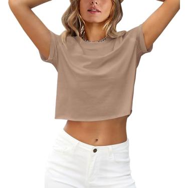 Imagem de Aoulaydo Camisetas cropped femininas de manga curta gola redonda 2024 verão manga enrolada camisetas básicas casuais, Caqui, P
