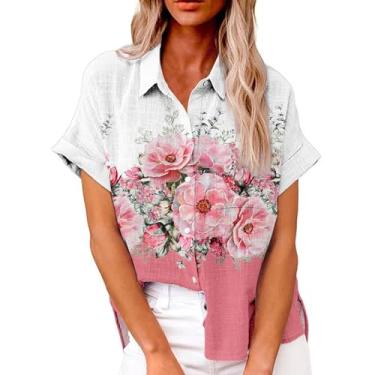 Imagem de Camiseta feminina com estampa floral, manga curta, gola lapela, botões, folgada, casual, para férias, B - Rosa, XXG