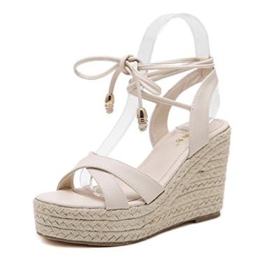 Imagem de MAKEGSI sandálias femininas com cordão de juta salto anabela médio sapatos de verão sandálias com cadarço, Creamy-white, 9