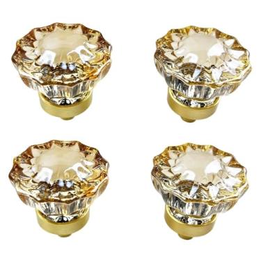 Imagem de Puxadores de armário de cristal puxadores de gaveta dourados puxadores decorativos de armário de vidro cor champanhe decoração de cozinha para casa forma de flor pacote com 4