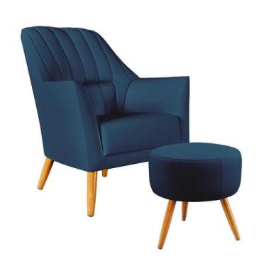 Imagem de Poltrona Decorativa Orion Bordada com Puff Solar Sued Azul Marinho Ara