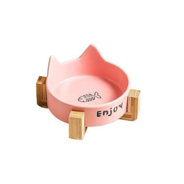 Imagem de XINCHANG Tigelas de cerâmica para animais de estimação, conjunto de tigela de comida e água para cães sem derramamento com suporte de madeira antiderrapante (tigela única de osso de peixe rosa +