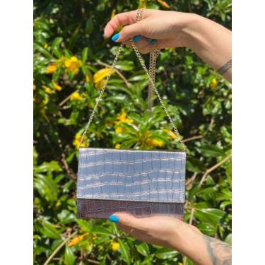 Imagem de Bolsa Feminina Quadrada Croco Grafite Metalizado De Mão E De Ombro Alç