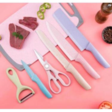 Imagem de Jogo Kit Facas 6 peças Inox Descascador Luxo Presente Tesoura Churrasc