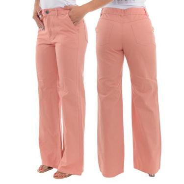 Imagem de Calça Wide Leg Feminina Sarja Cintura Alta Pernas Largas - Macaw, Rose
