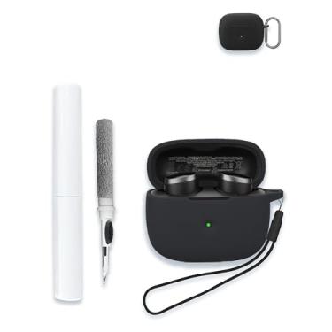 Imagem de Capa para fones de ouvido intra-auriculares Bowers & Wilkins Pi6 sem fio, capa protetora portátil de silicone macio resistente a arranhões com kit de limpeza, mosquetão e cordão, preta