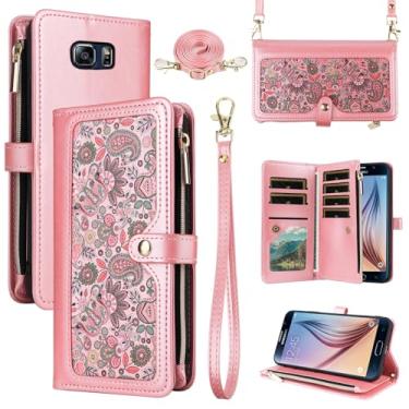 Imagem de Dswteny Capa carteira floral para Samsung Galaxy S6 com alça de pulso alça de ombro bolsa com zíper, flip de couro PU, suporte para cartão de crédito, capa para celular para S 6 6s GS6 SM-G920V G920A