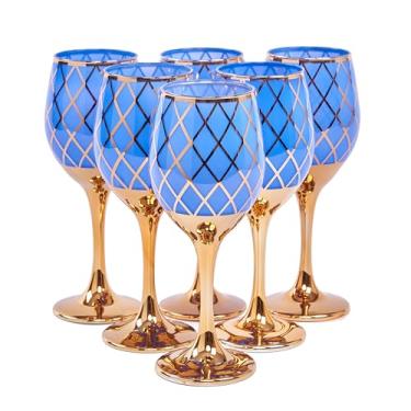 Imagem de CretFine Conjunto de 6 taças de vinho douradas azuis e douradas, taças decorativas coloridas de cristal extravagante, taças de cobalto para presentes, casamento, festival, aniversário, ação de graças,