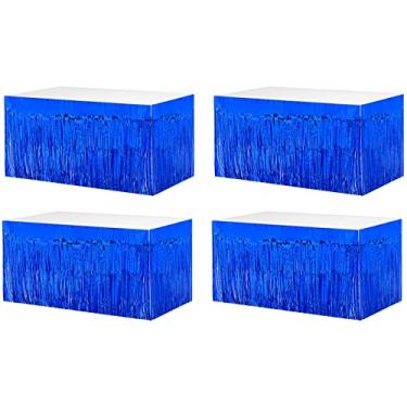 Imagem de Pacote com 4 saias de mesa com franja metálica de 73 x 272 cm para mesas retangulares e cortinas de flâmula para Halloween, aniversário, boias de desfile, suprimentos de festa de Natal (azul)