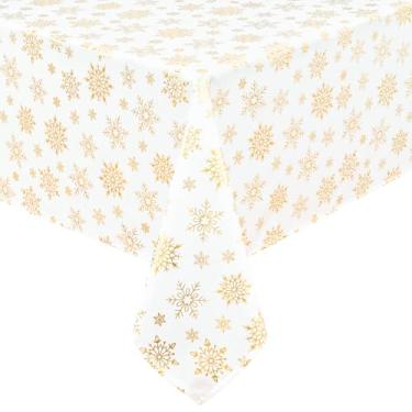 Imagem de FRAMICS Toalha de mesa de Natal 139 x 139 cm, toalha de mesa quadrada de floco de neve de ouro branco impermeável, capa de mesa de Natal lavável à prova de derramamentos para decorações de Natal