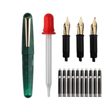 Imagem de SIPLIV Majohn Q2 mini caneta-tinteiro de resina tamanho bolso caneta de viagem irídio ponta fina caneta-tinteiro com 3 pontas, conta-gotas de tamanho curto e 20 cartuchos de tinta preta - verde