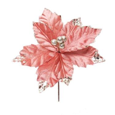 Imagem de Flor Cabo Curto Veludo Rosa e Glitter 20cm - 01 unidade - Cromus Natal