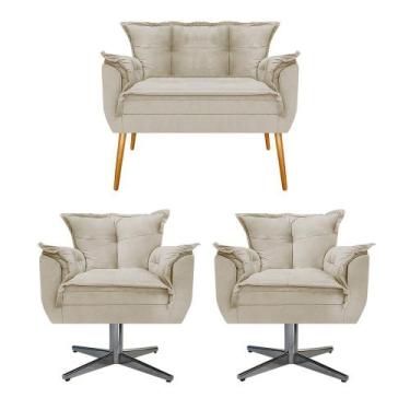 Imagem de Kit Namoradeira e 02 Poltronas Opala Base Giratória de Metal Suede Beg