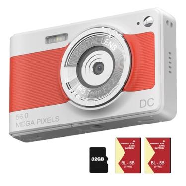 Imagem de Câmera digital para adolescentes, câmera FHD 56MP 1080p para adolescentes com zoom de 8x, câmera compacta pequena presente para crianças, 2 baterias de cartão de 32 GB para adolescentes, crianças