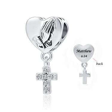 Imagem de OutstandLong Berloques de mãos rezando, fé, bíblia, cristã, amor, oração, cruz, coração, berloque para pulseiras Pandora, presente de Dia das Mães, Metal, Base