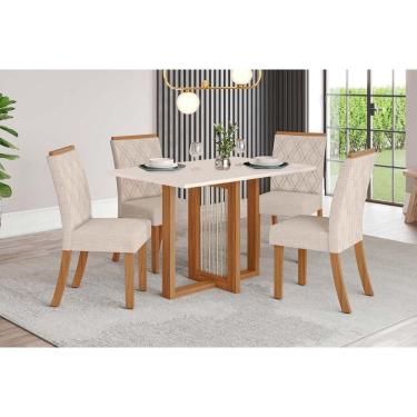 Imagem de Conjunto: Mesa Sala Jantar Natalí c/ Tampo Madeirado 120x80cm e 4 Cadeiras Vita Nature/Off White - Linho Bege - Henn