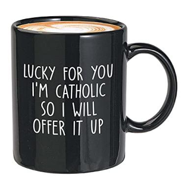 Imagem de Bubble Hugs Caneca de café de comédia hilária - Lucky For You - Laughable Off Funny Humorous Crisp Jokes Emocionante Entretenimento Geek Trocadilho Religioso Católico 325 ml Preto