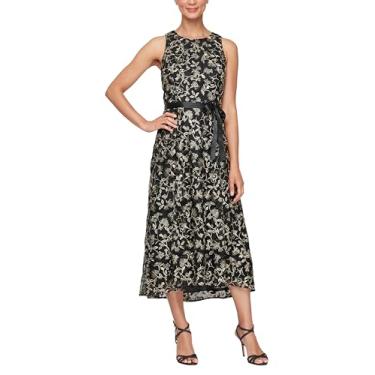 Imagem de Alex Evenings Vestido feminino midi sem mangas com bordado elegante, saia completa e cinto de amarrar (tamanhos pequenos e regulares), Preto/dourado, 42