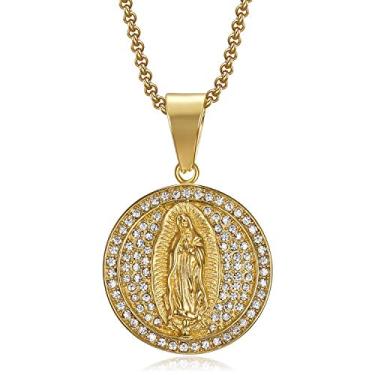 Imagem de Lee Island Fashion Colar feminino com pingente de medalha milagrosa cristã da Virgem Maria banhado a ouro 18 K, corrente de 50 cm, amuleto religioso de Bento Nossa Senhora de Guadalupe, presente