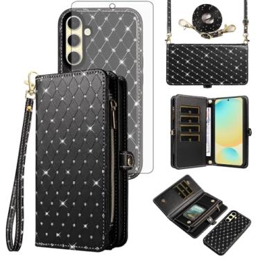 Imagem de Asuwish Capa de celular para Samsung Galaxy S24 FE 5G carteira com zíper destacável com protetor de tela de vidro temperado alça transversal com glitter flip compartimento para cartão S 24 EF S24FE