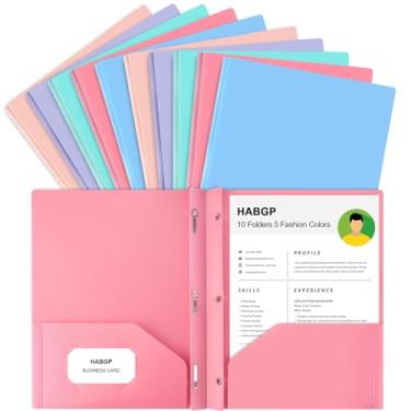 Imagem de HABGP Pasta de dois bolsos com garras (pacote com 10, cores pastel), pastas de plástico com bolsos e porta-cartões de visita, pastas com bolso tamanho carta, papéis de organização na escola,