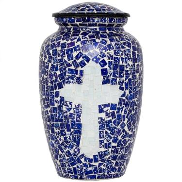 Imagem de Liliane Memorials Urna de Cremação de Vidro Mosaico- Urna Funerária Feita À Mão para Cinzas Humanas- Urna Funerária Grande para Adultos- Azulejos Individuais Aplicados À Mão Criam (, Cruz Azul-Branca)