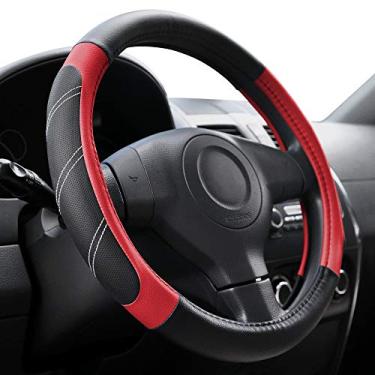 Imagem de Elantrip Capa de volante de couro 38 a 40,6 cm universal grande aderência respirável para carro, caminhão, SUV, Jeep, antiderrapante, preto e vermelho