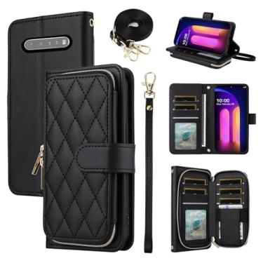 Imagem de Furiet Argyle Capa carteira para LG V60 ThinQ V60ThinQ 5G G9 Thin Q com alça de pulso, 9+ compartimentos para cartões com zíper bolsa de celular com suporte quadriculado para LGV60 V 60 60ThinQ 60V