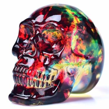 Imagem de FZBHRO Estátuas de Cabeça de Caveira de Cristal, Estatuetas de Caveira, Caveira de Vidro K9, Pedra Preciosa, Decoração de Halloween, Presentes para Mulheres, Revestimento Vermelho Amarelo 2,8"